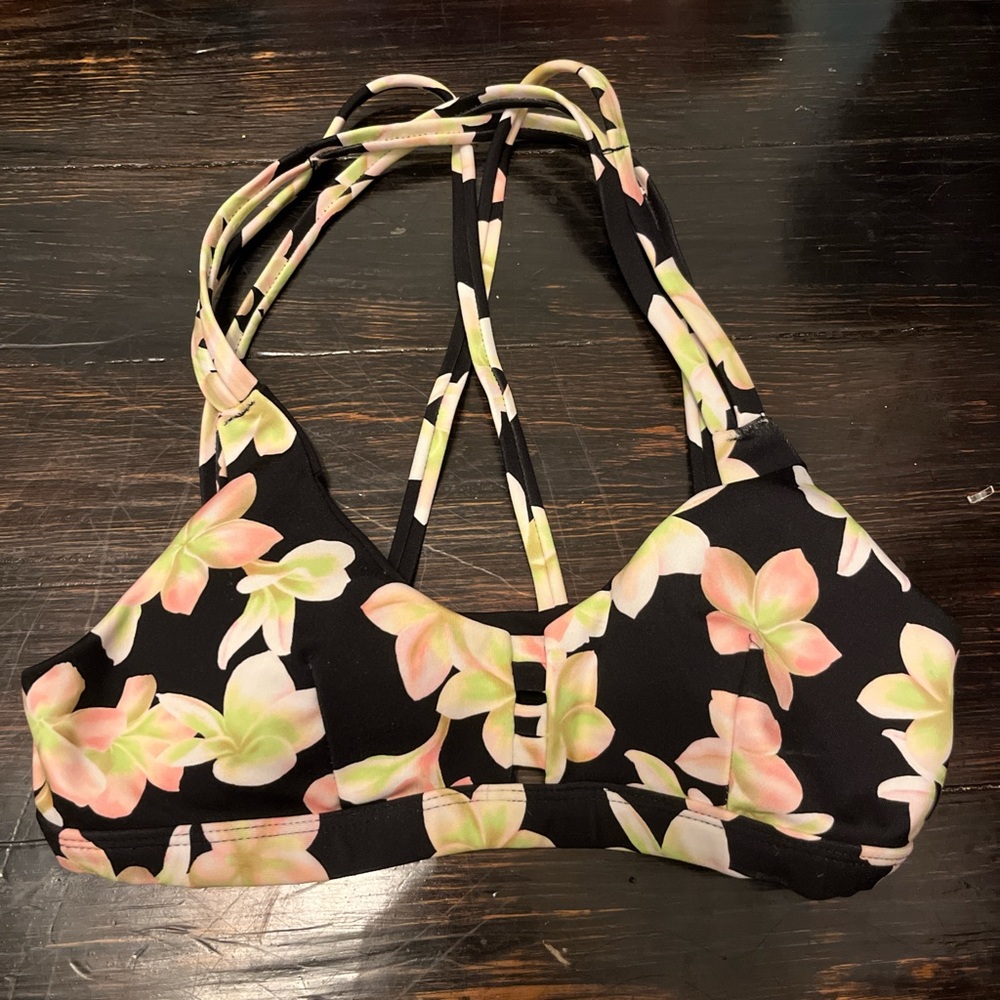 Hurley Black and Pink Floral bikini top